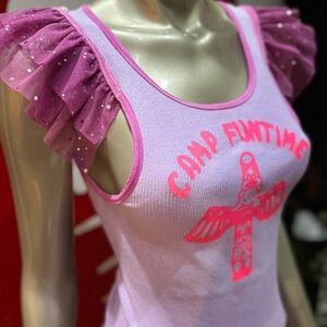 ⚡️BLONDIE CAMP FUNTIME 80s distressed soft tank sparkle ruffle cap sleeves M